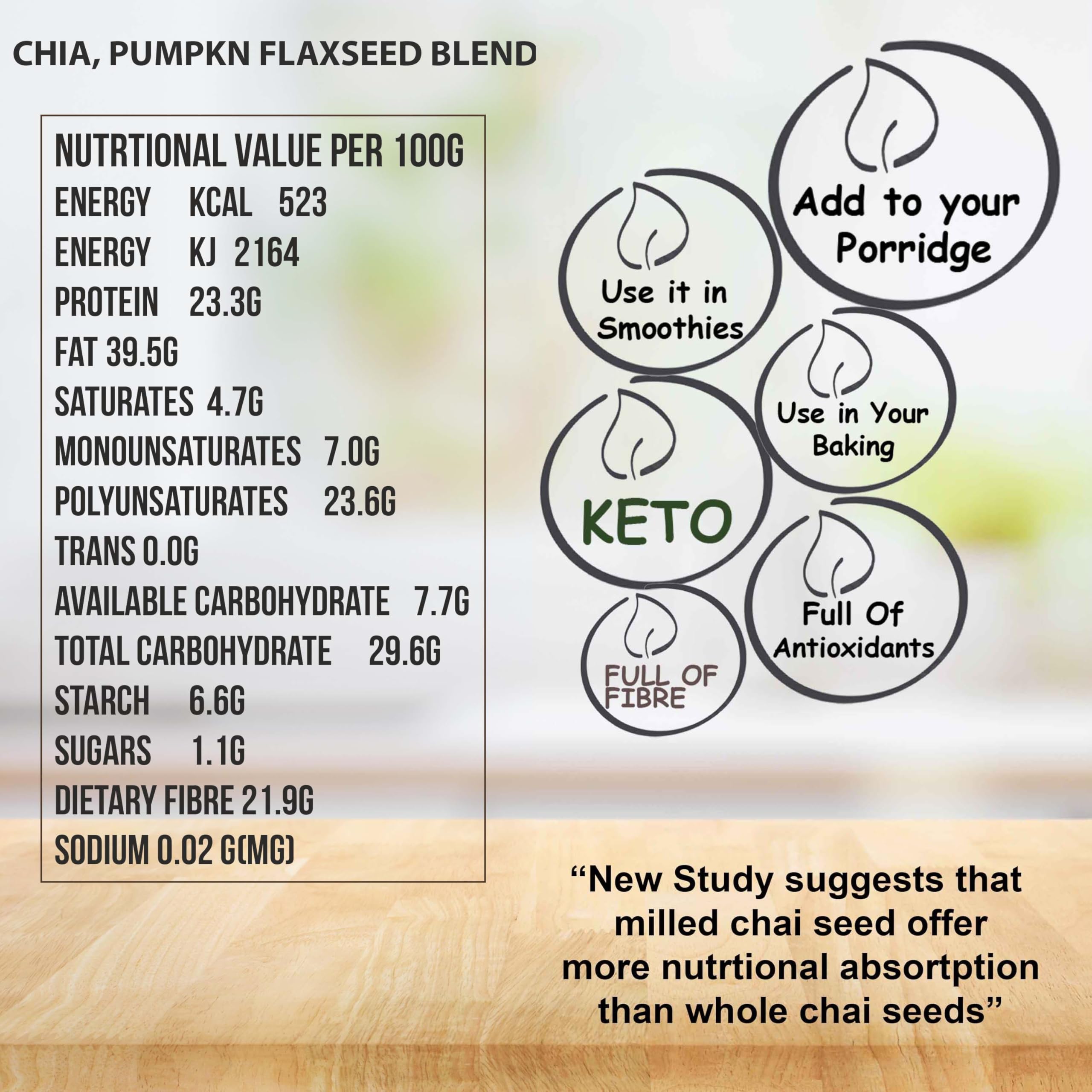 Chia, Flax and Pumpkin Seeds Milled Mix